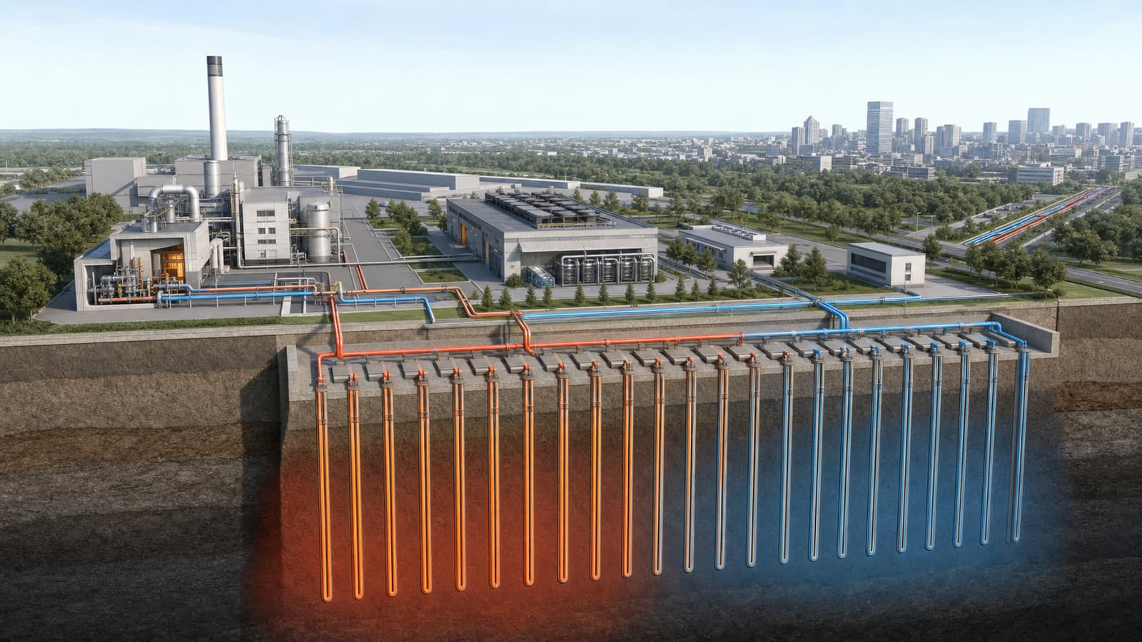 Engineering cutaway illustration of a seasonal borehole thermal-storage and waste-heat-recovery system