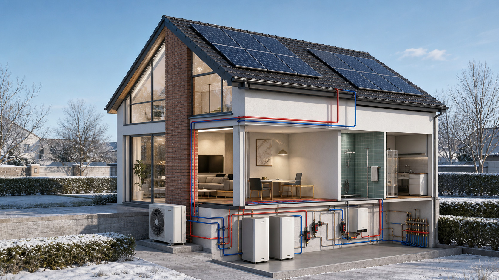 Concept visualisation of a Beijing hospitality heating system with rooftop solar PV, an air-source heat pump, PCM thermal storage and retained plant equipment