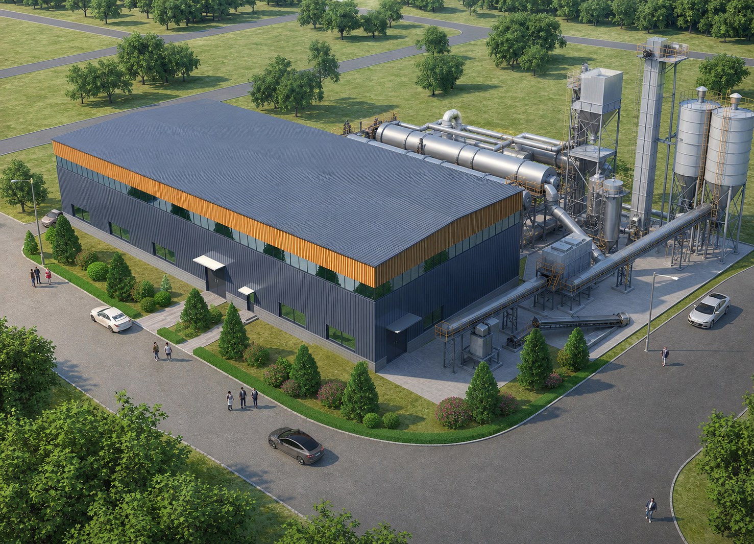 Concept visualisation of a biomass powder-preparation workshop with two outdoor rotary dryers, enclosed conveyors, lifting structures, separation equipment and powder silos at a Shanxi heat-source plant
