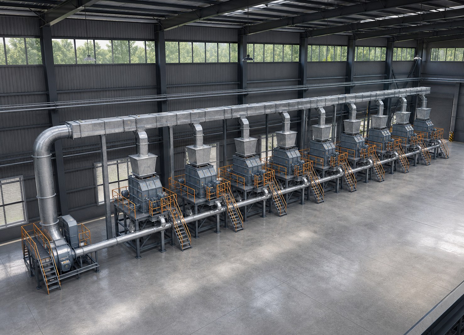 High three-quarter concept view inside a biomass powder-preparation workshop showing exactly eight impact mills arranged in one row with overhead feeding and dust-collection connections