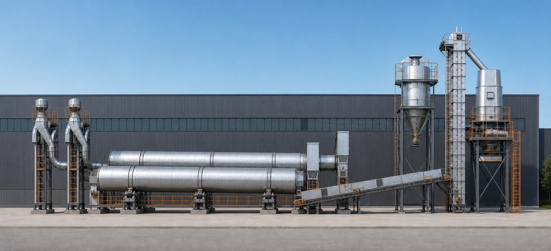 Near-orthographic concept side view of two same-level parallel rotary dryers, an inclined conveyor, bucket elevator and elevated buffer-bin system for biomass fuel preparation